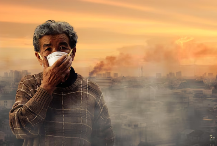  Man wearing pollution mask in city